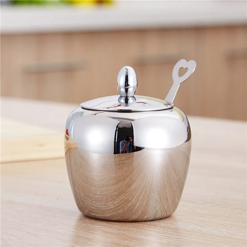 

304 Stainless Steel Super Quality Salt Pigs Lovely Apple Shape Spice Jar Cellars With Spoon Cover Free Shipping
