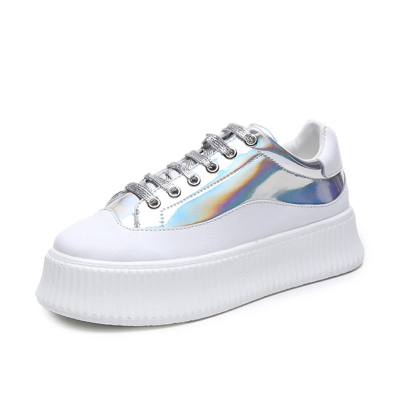 2019 New Creeper Sneakers Women Casual Shoes Bright Leather PU Lace-up Wedge Air Platform Pink Silver Chunky Woman | Обувь