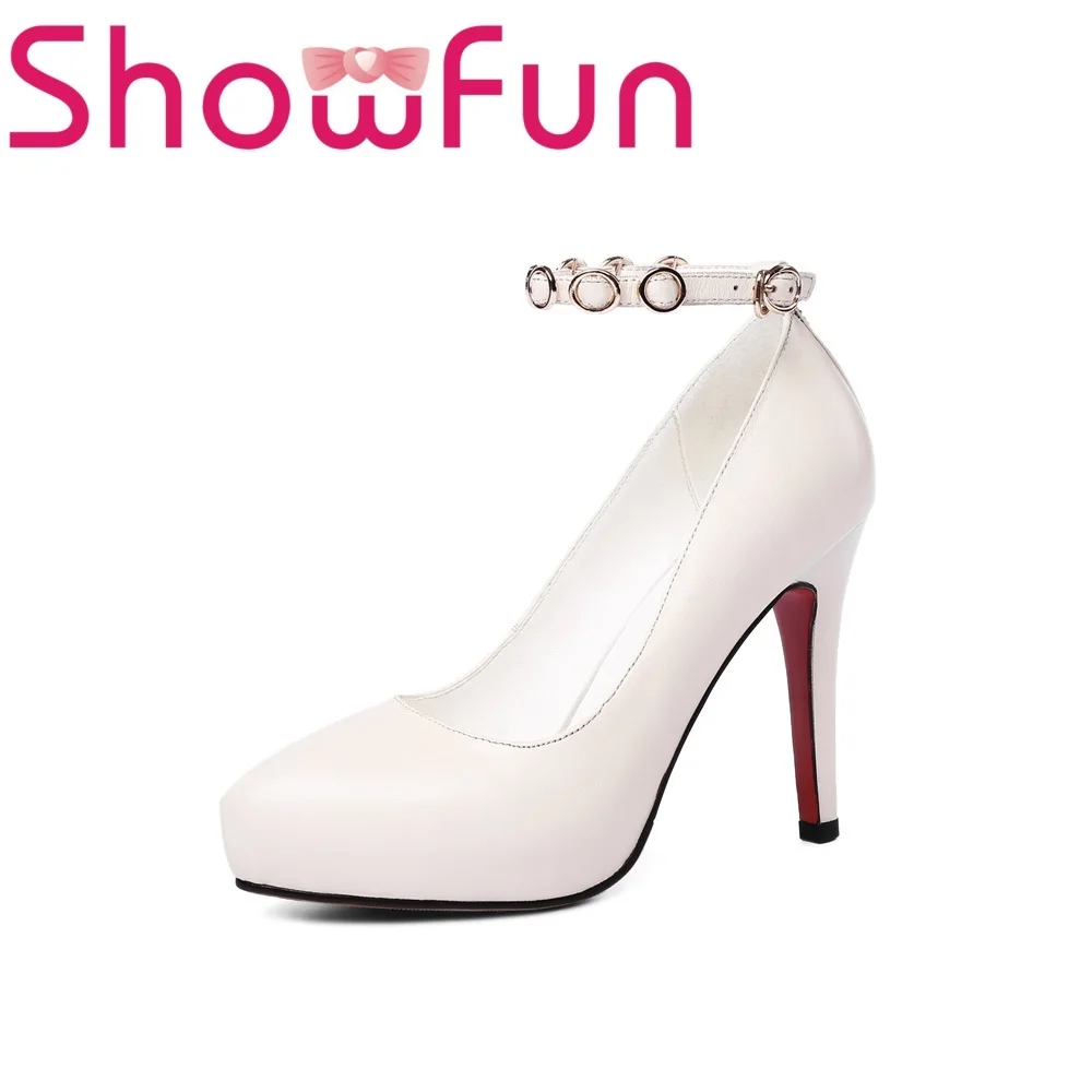 Showfun натуральная кожа женская обувь платье модные с острым носком ремешками на