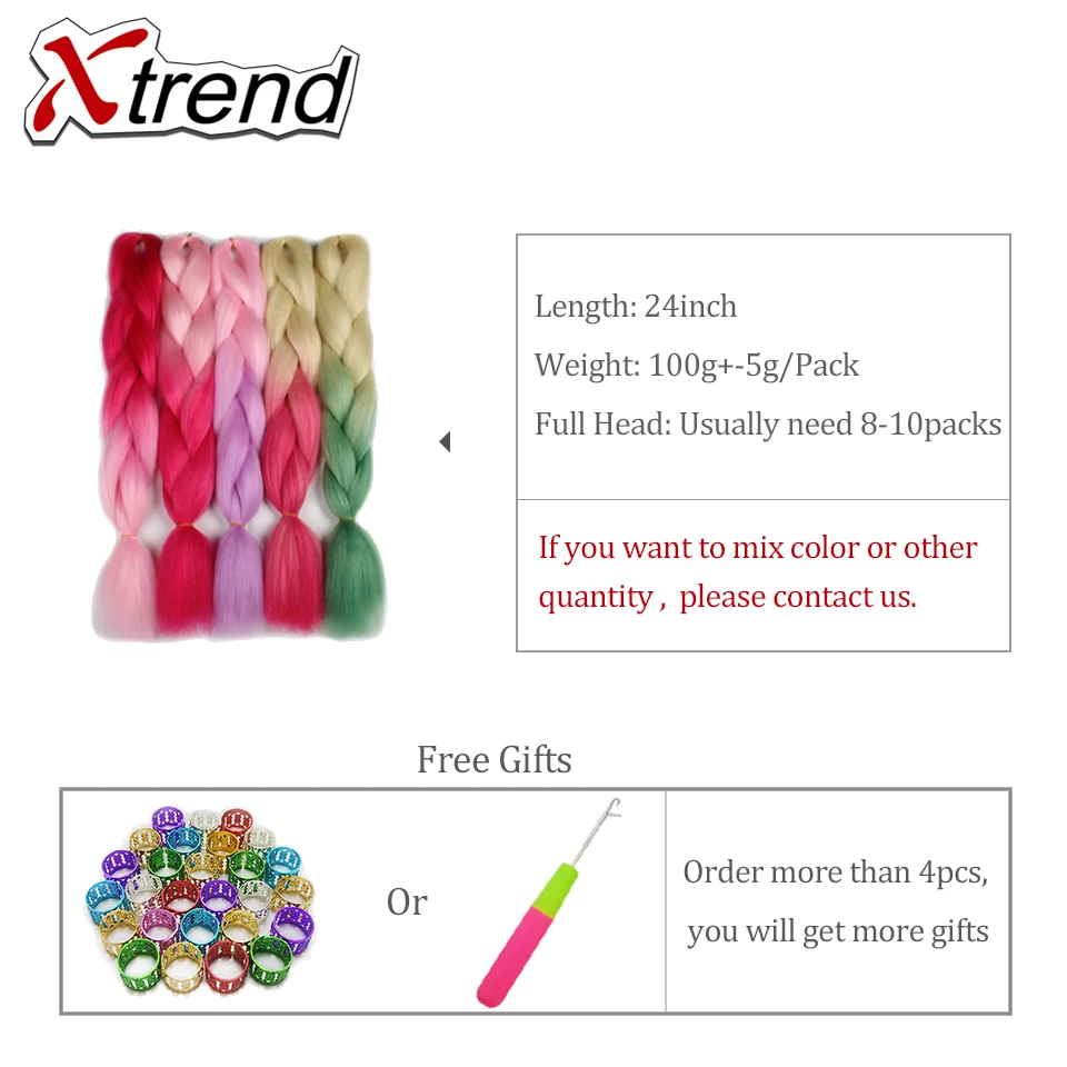 Xtrend 3 шт. черные зеленые Омбре плетеные волосы для наращивания 24 дюйма большие