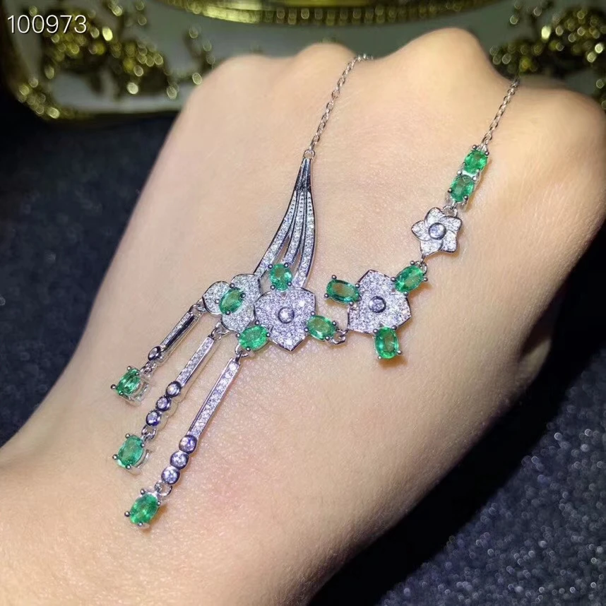 Модный цветок Кисточки Натуральная Зеленая Подвеска из диопсида Ожерелье S925
