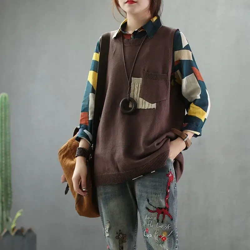 Весенний жилет Ретро женский свободный вязаный пуловеры Топы новые с круглым