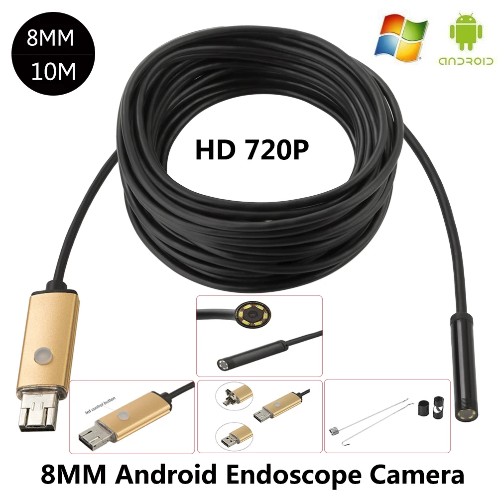 JCWHCAM 8 мм объектив Android USB эндоскоп 2 м/5 м/10 м 6 светодиодов осмотр OTG бороскоп Endoscop