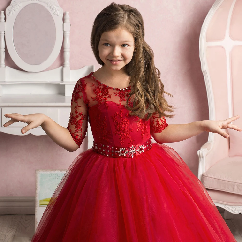 Adorable Red Flower Girl Dresses With Sash Crystals Beaded Collar Graduation Gown Kids Half Sleeves Prom Dress Girls Custom Made | Свадьбы и