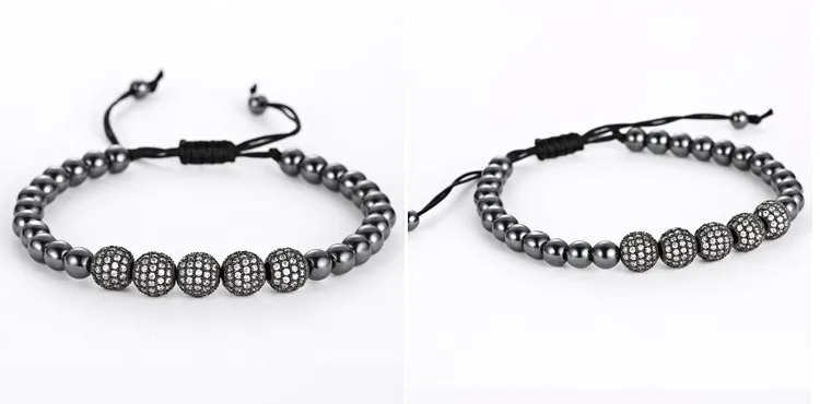 Mcllroy мужские браслеты, круглые бусины и 8 мм Micro Pave черные CZ бусины Micro Pave кубического циркония плетение Макраме Браслеты