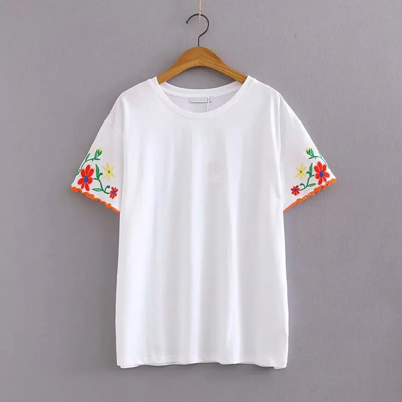 Футболка с вышивкой и рукавами в европейском американском стиле TZE28 | Женская
