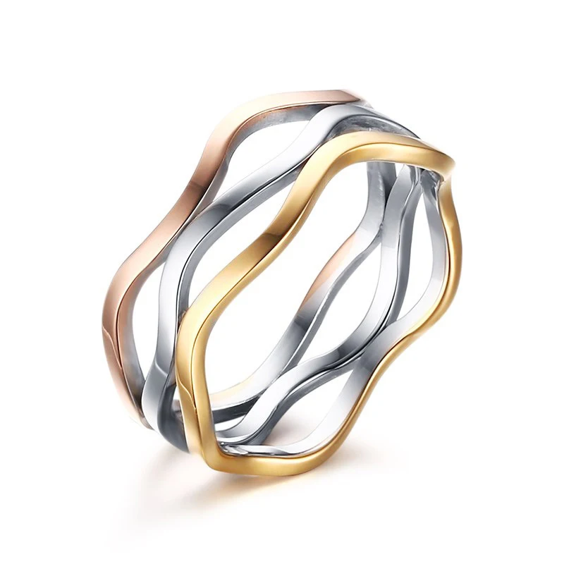 

Hot Sale Tricolor Hollow Wave Stainless Steel Ring