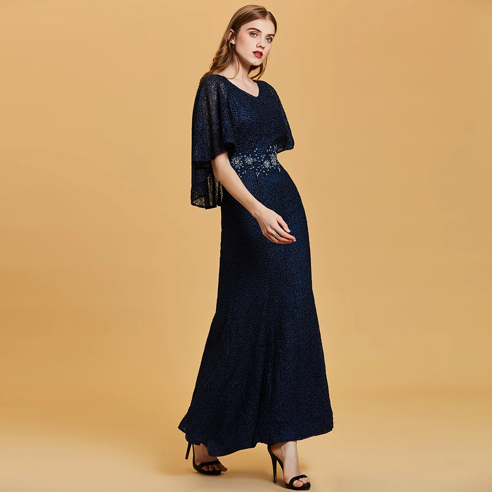 Длинное темно синее вечернее платье Dressv недорогое с глубоким вырезом и бисером