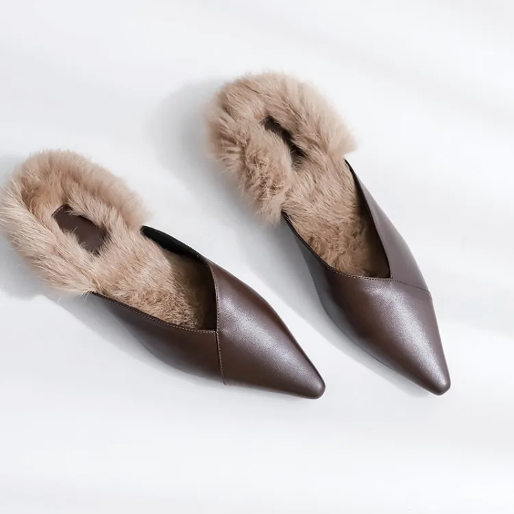 MLJUESE/2019 роскошные женские тапочки с кроличьим мехом и острым носком Зимние теплые