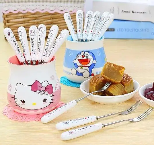 6 вилок из нержавеющей стали + 1 керамическая баночка с рисунком дораэмона