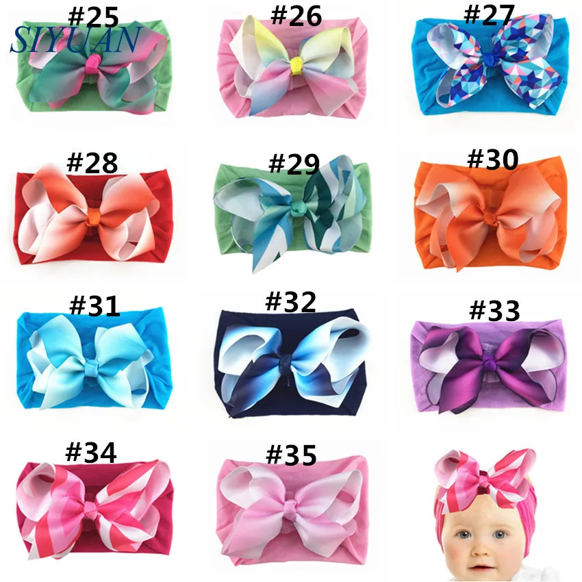 30pcs/lot Summer Style Soft Nylon Elastic Headband with 4.6 inch Grosgrain Ribbon Hair Bow Girl Hairband 35C Available HB089