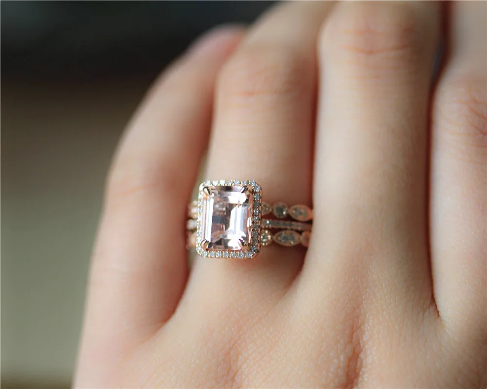 DUPUY VS 7*9mm Emerald Cut Morganite Engagement Ring Set Art Deco Half Eternity Diamond Wedding 3pcs 14K Rose Gold | Украшения и