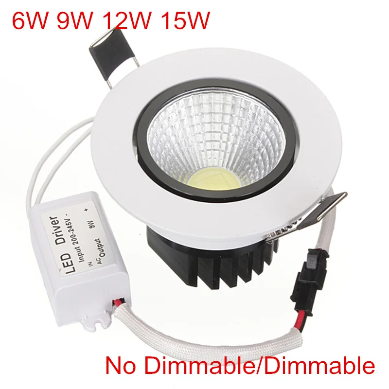 

Super Bright Recessed LED Dimmable Downlight COB 6W 9W 12W 15W LED Spot light LED decoration Ceiling Lamp AC85-265V With Drive