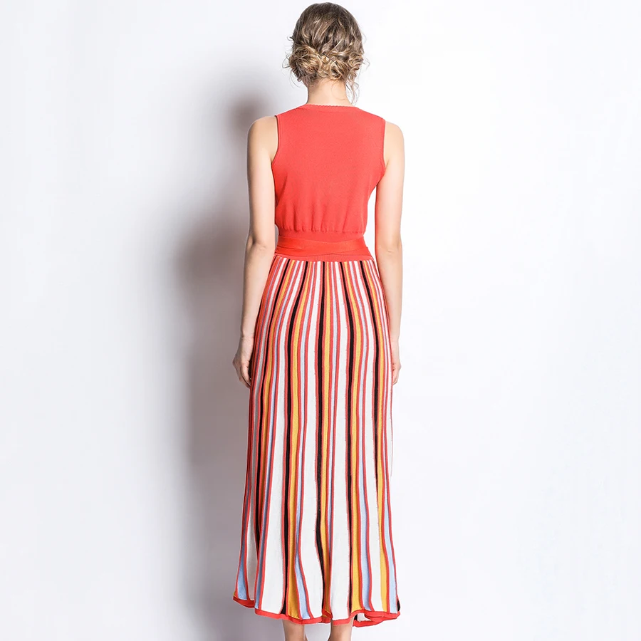 Женское Полосатое платье без рукавов повседневное облегающее средней длины с v