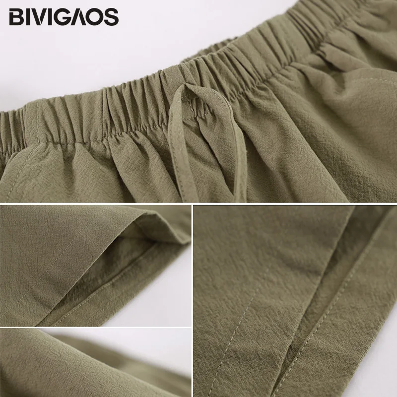 Bivigaos Лето Новинки Стиль досуга для женщин из хлопка и льна широкие шорты