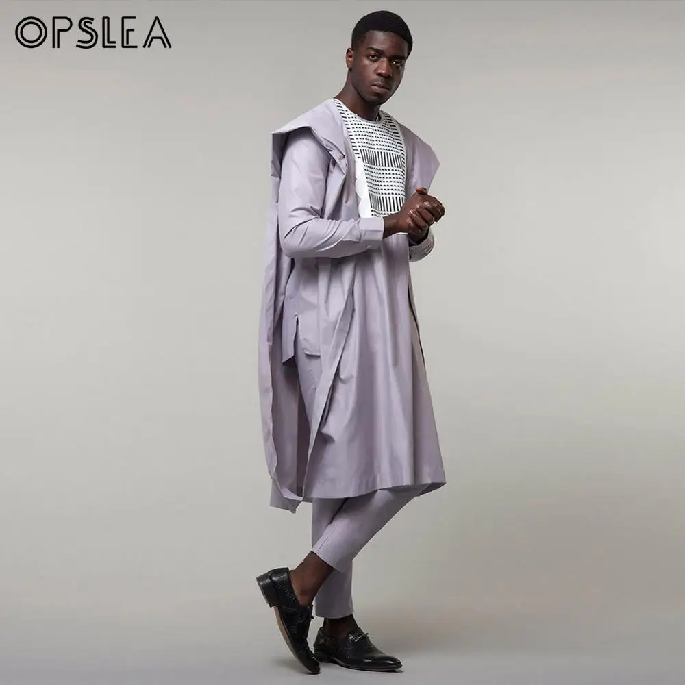 Opslea Agbada Африканский для мужчин размера плюс Вышивка Топы Брюки Наряд Базен Riche 3 шт. костюмы Дашики Африка традиционная серая одежда