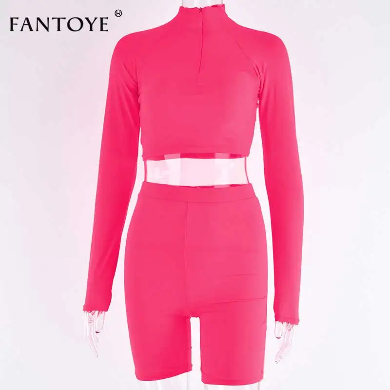 Rose Red Fantoye комплект из двух предметов флуоресцентный зеленый топ и шорты костюм сексуальная Водолазка с длинным рукавом облегающий спортивный костюм Повседневный Femme спортивный костюм - Цвет: Rose Red