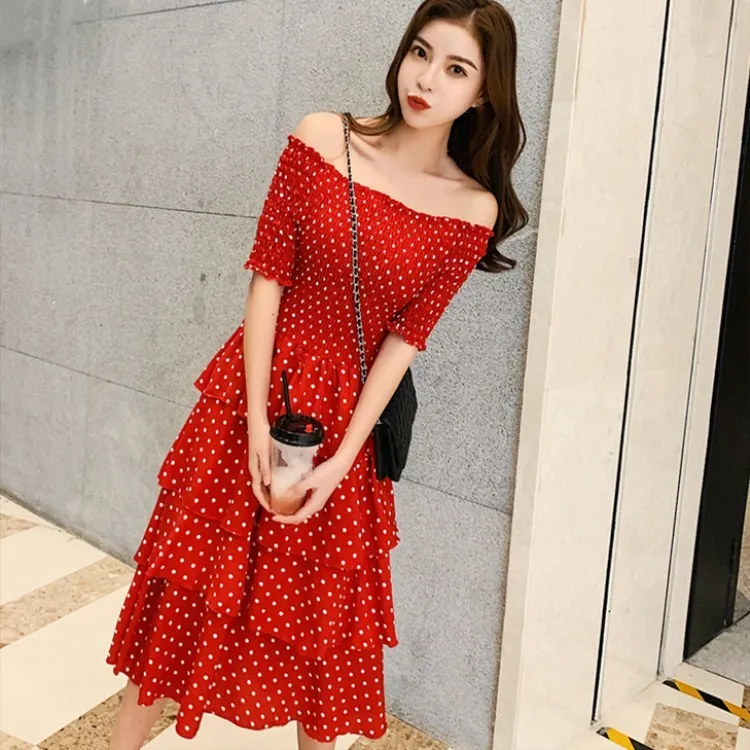 Summer Sweet Stretchy Chest Ruffled Dress Slash Neck Women Polka Dot Elegant Party Vestidos Ladies High Waist Cake Dresses | Женская
