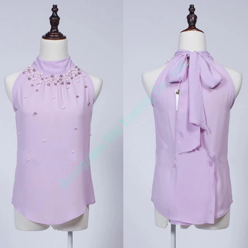 Женская шифоновая блузка без рукавов с высоким воротником и бусинами 2019 | одежда