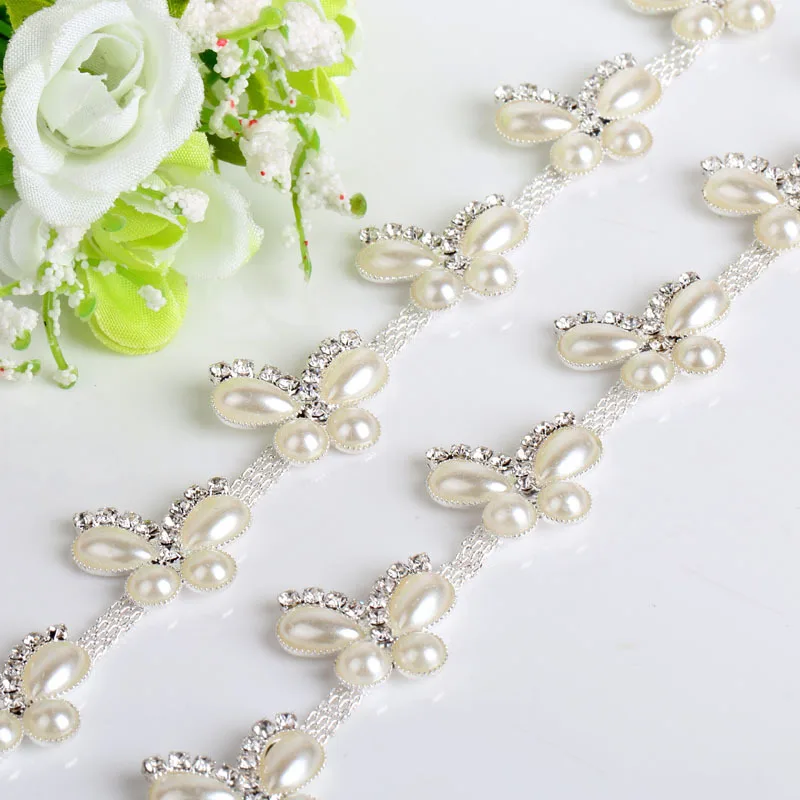 

High Quality Sewing Rhinestone Trimming DIY Garment Clothes Pearl butterfly Glass Rhinestone Applique Trim