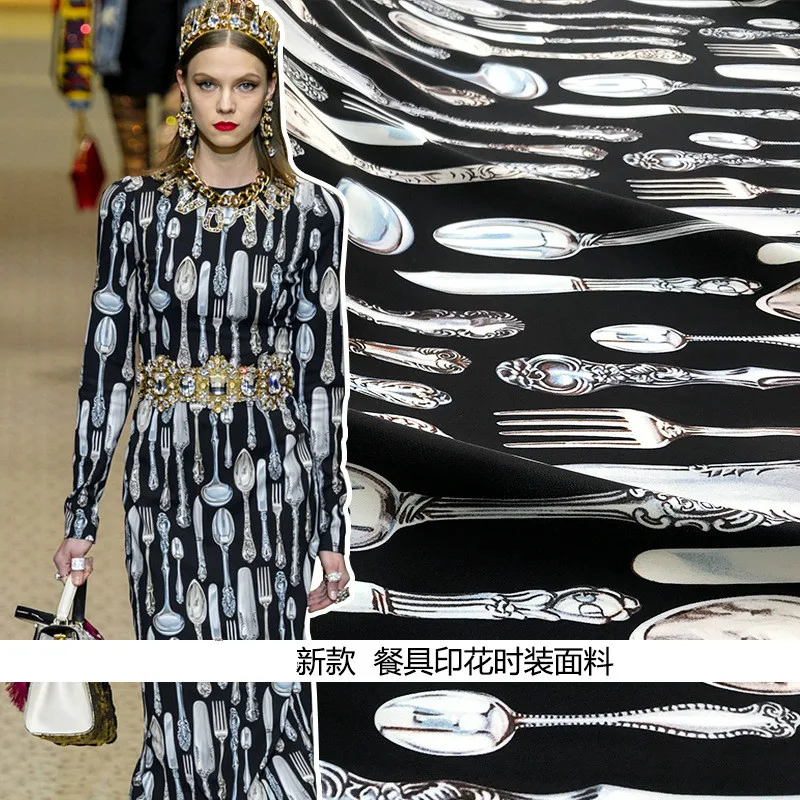 

New style with European and American show pattern tableware printing fashion fabric polyester printed fabric dress cloth