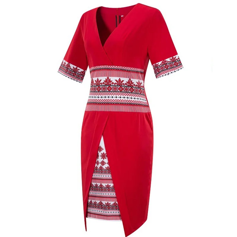 Women Summer Dress Sexy V Neck Plus Size Ladies Office Work Short Sleeve Pencil Ethnic Print Retro Big Vestidos | Женская одежда