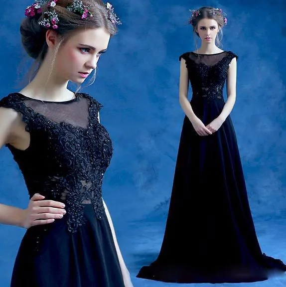 2016 line Бато Cap Рукавом Аппликация vestido де феста лонго Вечернее Платье Черный