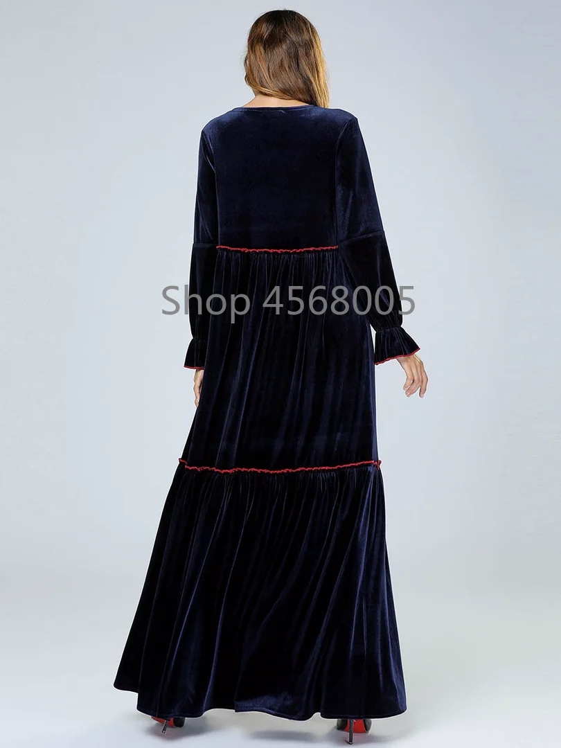Бархат abaya s Вышивка темно-синие женские мусульманские платья плюс размер халат