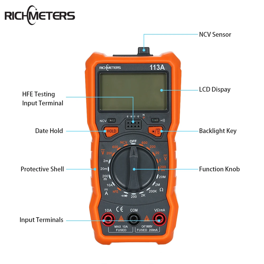 RICHMETERS RM113D бесконтактная проверка напряжения переменного Цифровой мультиметр 6000