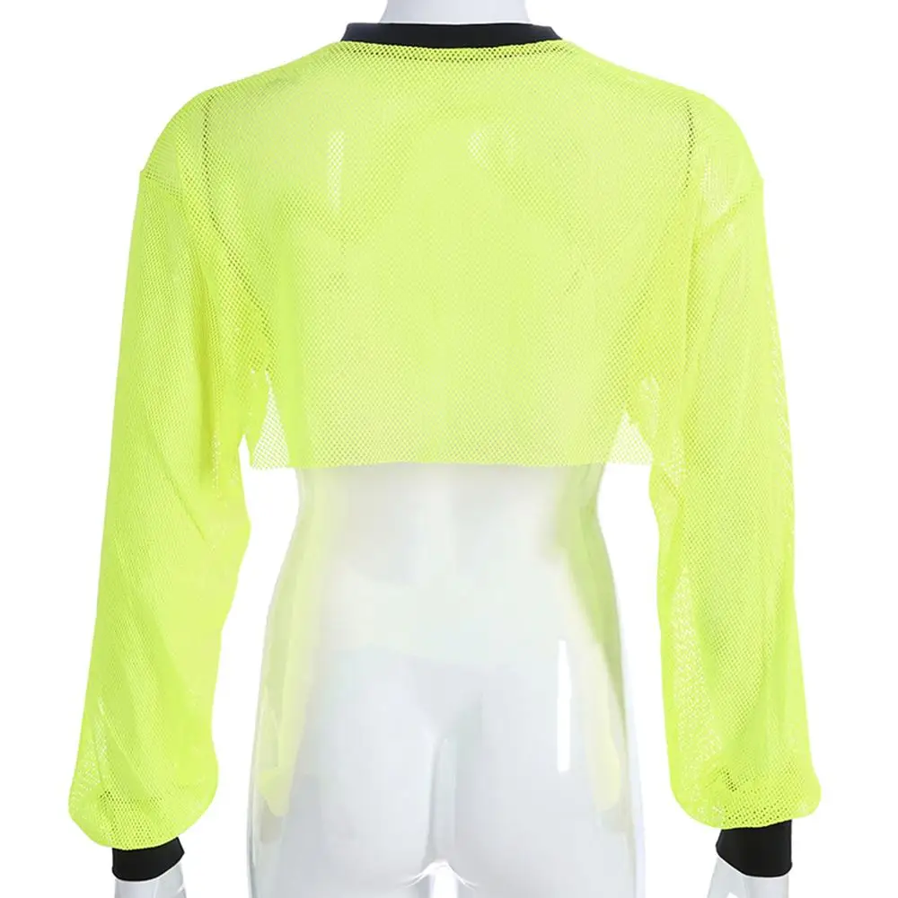 

Fashion Sexy See Through chic Ladies Short Long Sleeve Crop Top SummerShort T-shirt Mesh O Neck Sheer Transparent T-shirt y2k