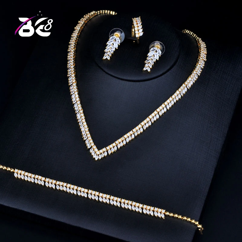 

Be 8 Luxury Gold-color Real Micro Pave Setting AAA Cubic Zirconia Leaves Shaped 4pcs Dubai Jewelry Set for Dinner Party S130