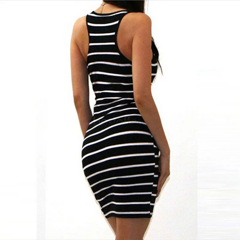 Женское Короткое платье без рукавов в полоску обтягивающее мини-платье для