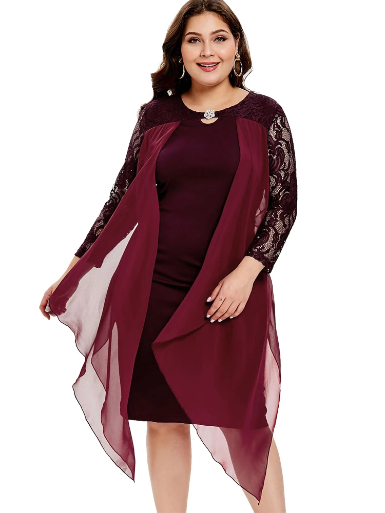 Red Wine Wipalo размера плюс 6XL Стразы Украшенные три четверти кружевное платье с рукавом женское однотонное Кружевное Платье До Колена облегающее платье Vestidos - Цвет: Red Wine