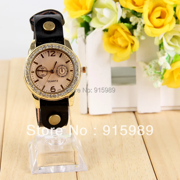2013 Fashion Crystal Shinning Colored Ladies Wrist Watch Retro Quartz Dress PU Leather Free Shipping 100pcs | Наручные часы