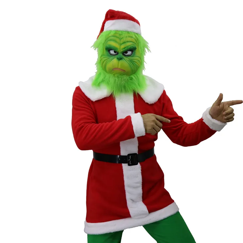 Маска Grinch, маскарадные костюмы Санта-Клауса, шлем лося, как Grinch украли, рождественские реквизиты с зелеными волосами для мужчин, детей, взрослых