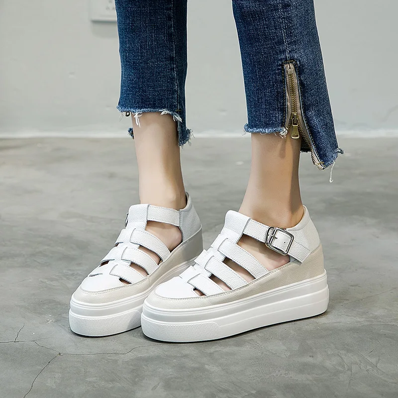 

Increased 7cm Summer new hollowed out large size casual shoes Roman Baotou Ladies Leather sandals women's small size shoes woman