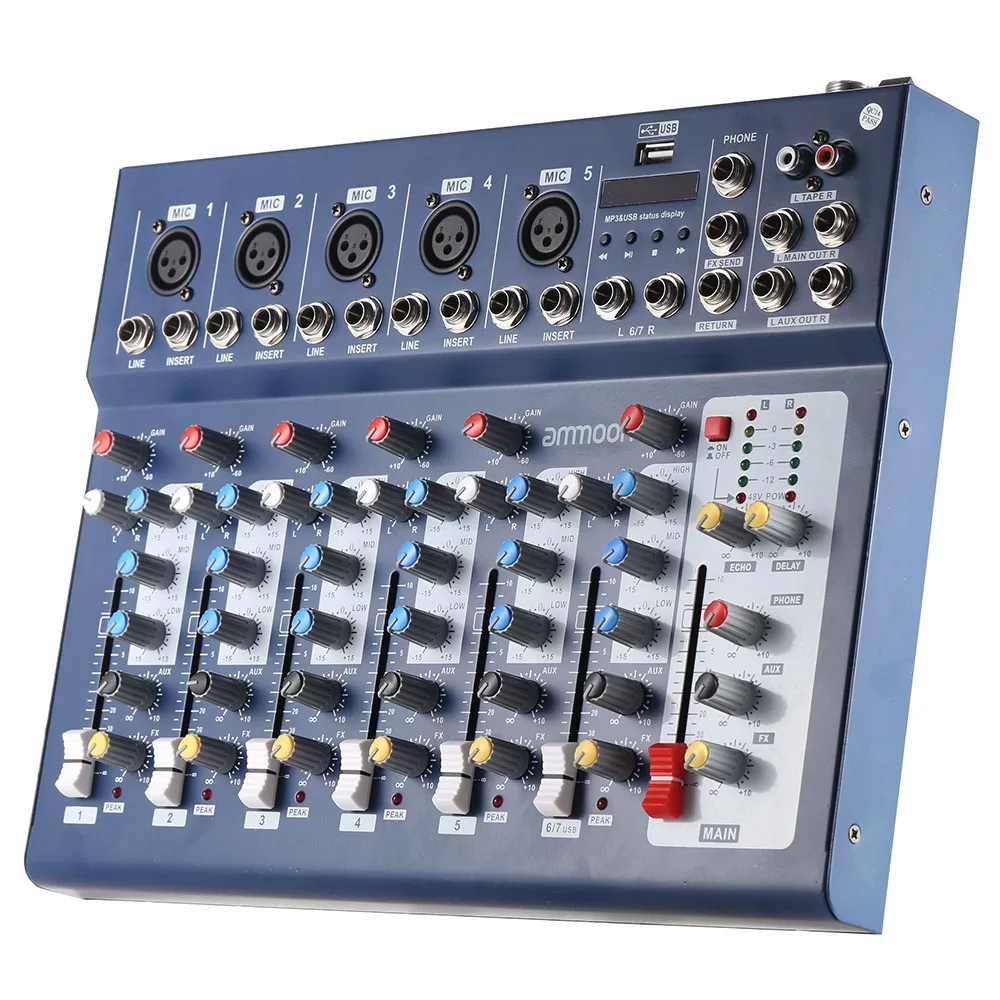 ammoon F7-USB 7-Channel Digtal Mic Line Audio Sound Mixer Mixing Console with USB Input 48V Phantom Power 3 Bands Equalizer | Спорт и