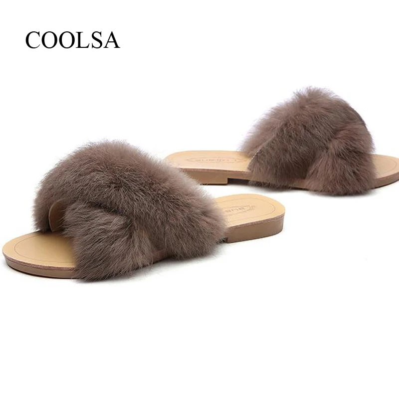 COOLSA/женские тапочки их меха под кролика; женские модные домашние пушистые мягкие тапочки; Плюшевые однотонные тапочки на плоской подошве; Прямая поставка; Лидер продаж