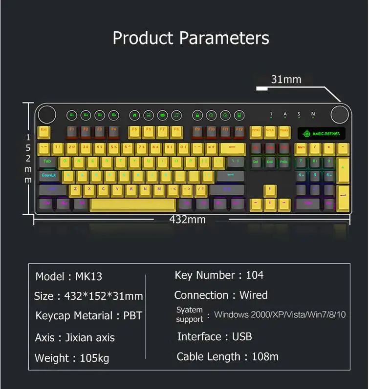 MAGIC REFINER MK13 104 ключ USB Проводная Подсветка ноутбука настольная Механическая игровая клавиатура PBT Keycap синяя Механическая ось