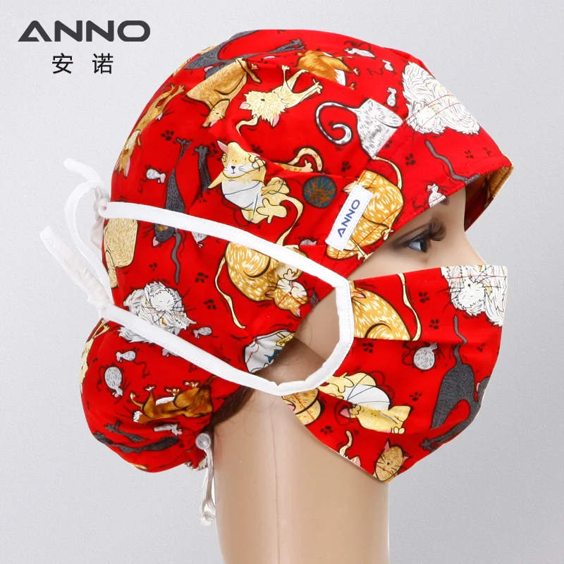 ANNO Medical caps Red Cotton Short/Long Hair Surgical Surgeon's Surgery Hat Hospital Doctor Nurse Hat Men Scrub Hats With Mask