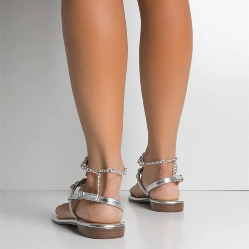

Silver Rhinestone Gladiator Crystal Flat Heels Peep Toe Roman Beach Women Party Evening Weddig Sandals Sexy Summer Shoes FSJ 46