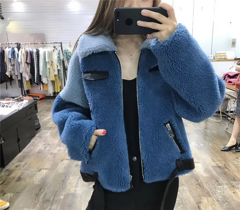Модное женское пальто из овечьего меха, зимняя куртка для женщин, Новое поступление, шикарная верхняя одежда с карманами на молнии из искусственного меха, короткие женские зимние пальто