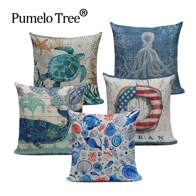 Квадратные Чехлы для диванов льняные наволочки в морском стиле с рисунком