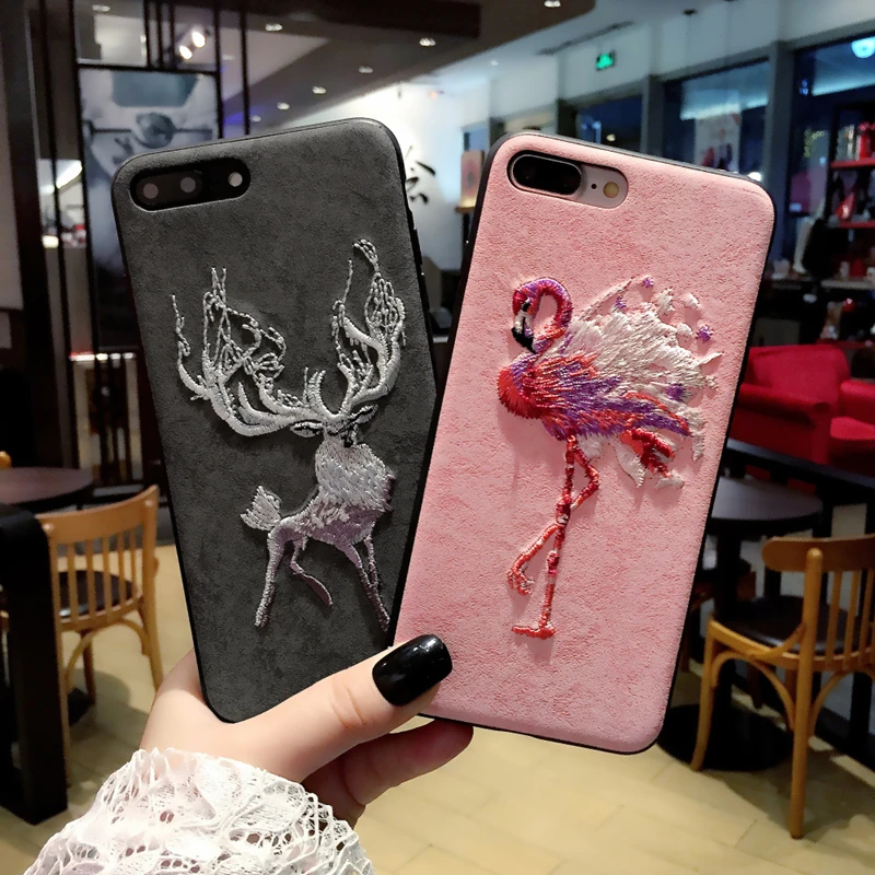 Чехол для iphone 6 S 7 8 plus X мягкий pu кожаный чехол с 3D вышивкой Фламинго Лось Олень Samsung