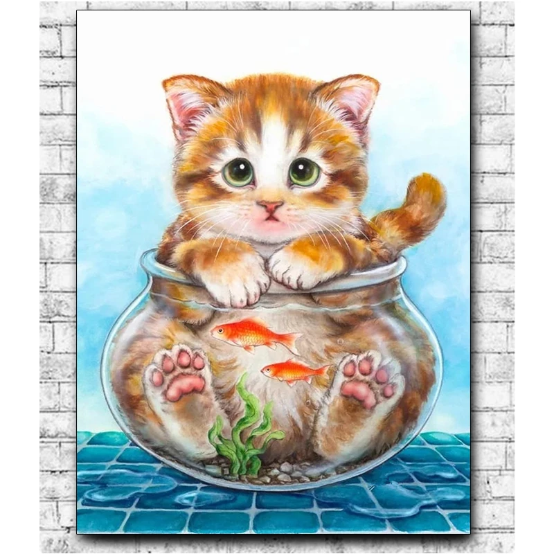 5D DIY Diamond Painting Cats and fish in tanks Full Drill Animals Rhinestone cross stitch kits handmade embroider gifts | Дом и сад
