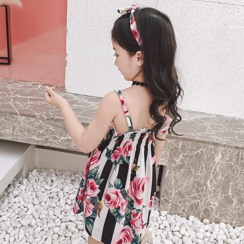 LOVE DD&ampMM Girls Dresses Summer New Kids Fashion Sexy Stripe Floral Print Strap Dress + Hair Accessories | Детская одежда и