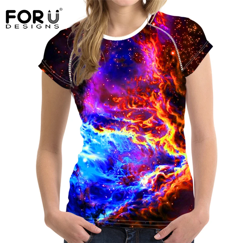 FORUDESIGNS/Яркая футболка с 3D Галактикой, Женская Повседневная классная облегающая одежда с изображением Луны и космоса для девушек, женские топы, летняя футболка XXL