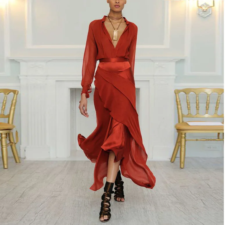 Платье женское однотонное ассиметричное с длинным рукавом из шифона треугольным