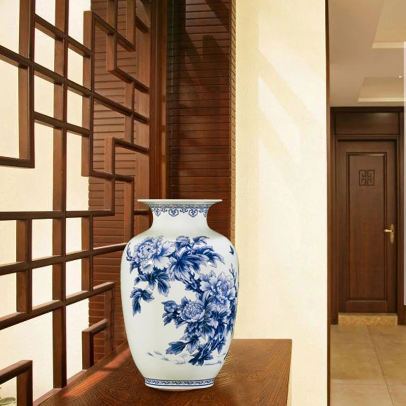 Фарфоровая сине белая ваза с пионами керамическая Jingdezhen для цветов предметы