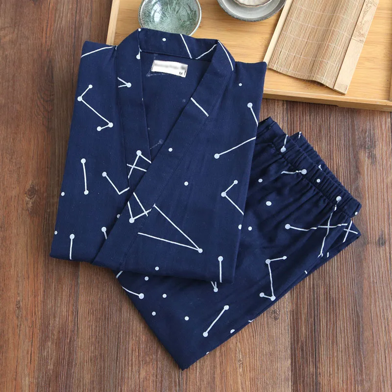 Men Ming Blue Pijama Тканые хлопковые японские пижамы, кимоно с v-образным вырезом, мужские пижамы, Hombre, пара, весна-лето, для отдыха, повседневная одежда, длинные штаны, комплект - Цвет: Men Ming Blue Pijama